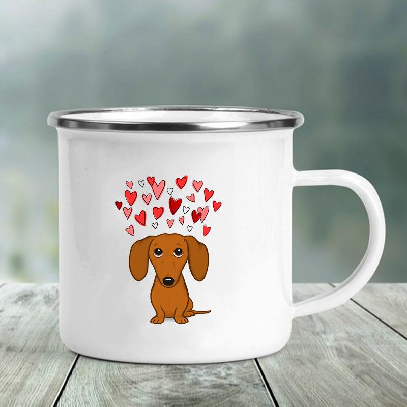 Emaille-Tasse mit Aufdruck „I Love Dackel“, kreatives Glas, für Kaffee, Getränke, Dessert, Milch, Tasse, Glas, Vintage, beheizbarer Griff, Trinkgeschirr, Geschenke