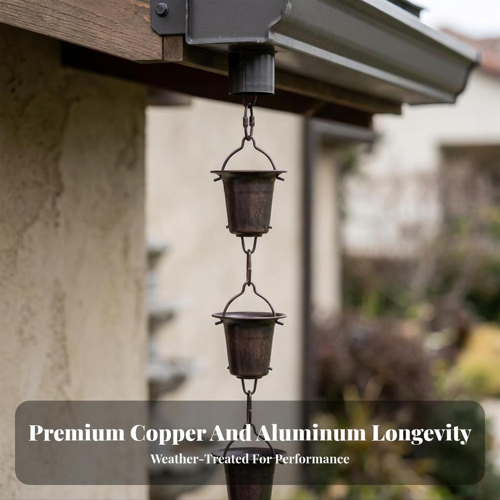 Outdoor Rain Chain Retro with Cups Elegant Hardware Silver-Toned for