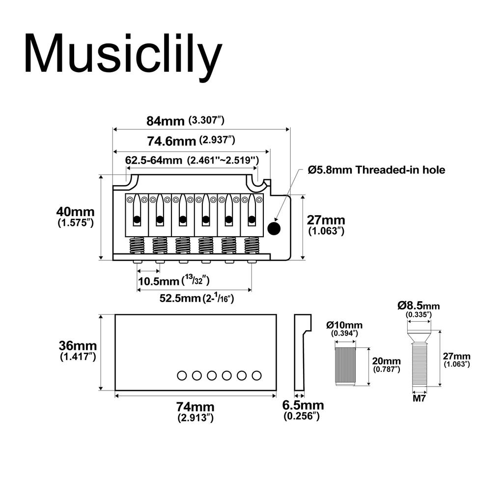 Musiclily 10.5mm String Pitch Short Block Two-Point Support Tremolo Bridge Unit for Squier Strat Guitars, Gold