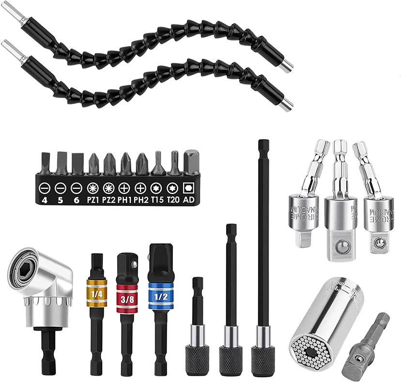 18-Piece Flexible Shaft Screwdriver Bit Extension Set (60, 100, 150mm) with Conversion Joint Rods.
