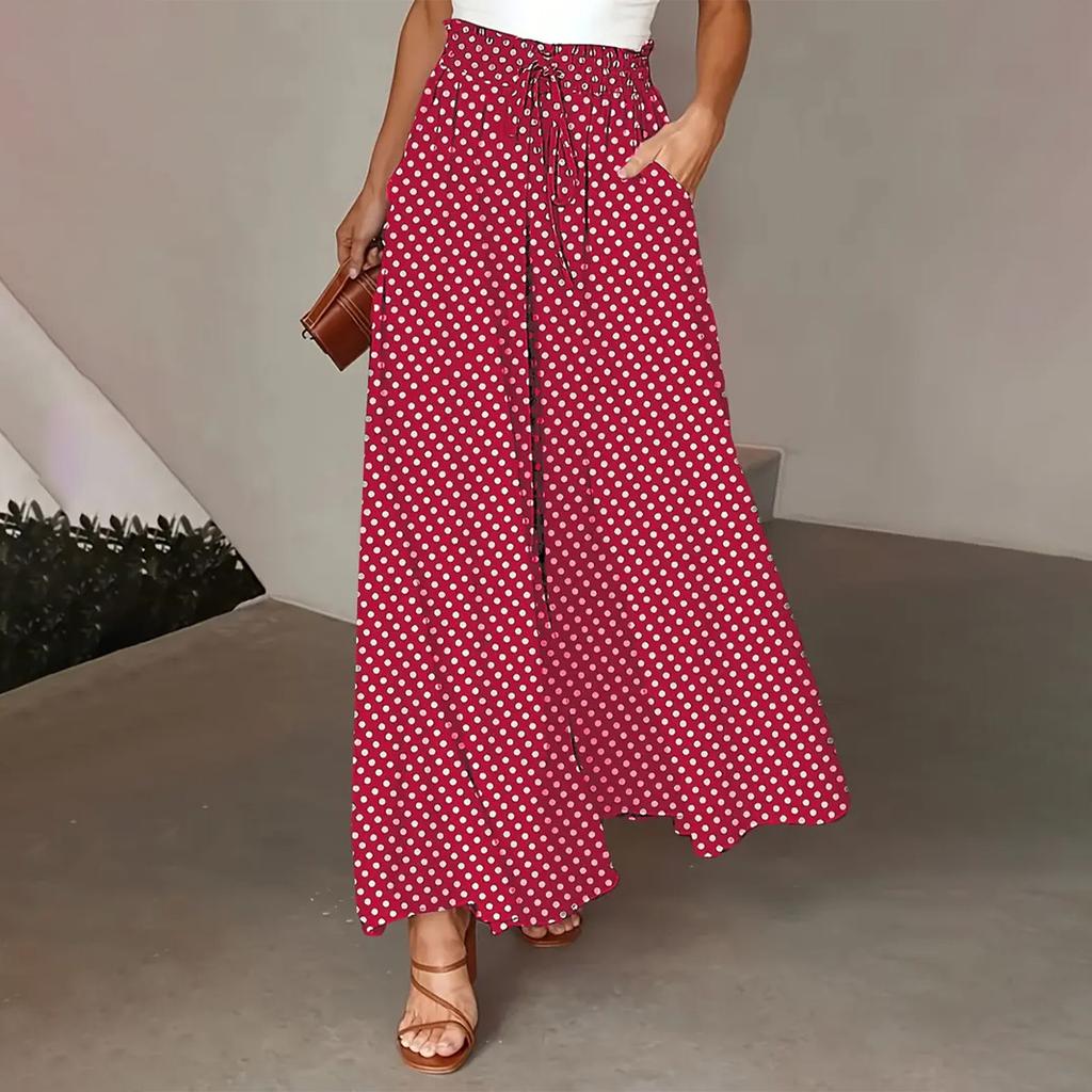 Women's Fashionable Bohemian Wide,leg Trousers With Elastic Waist And Polka Dot Print Long Skirt Pants