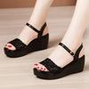 New 2026 Summer Chunky Platform Wedges Shoes Soft Leather Medium Heels Sandals Women Floral Cutout Black Beach Sandal Mom