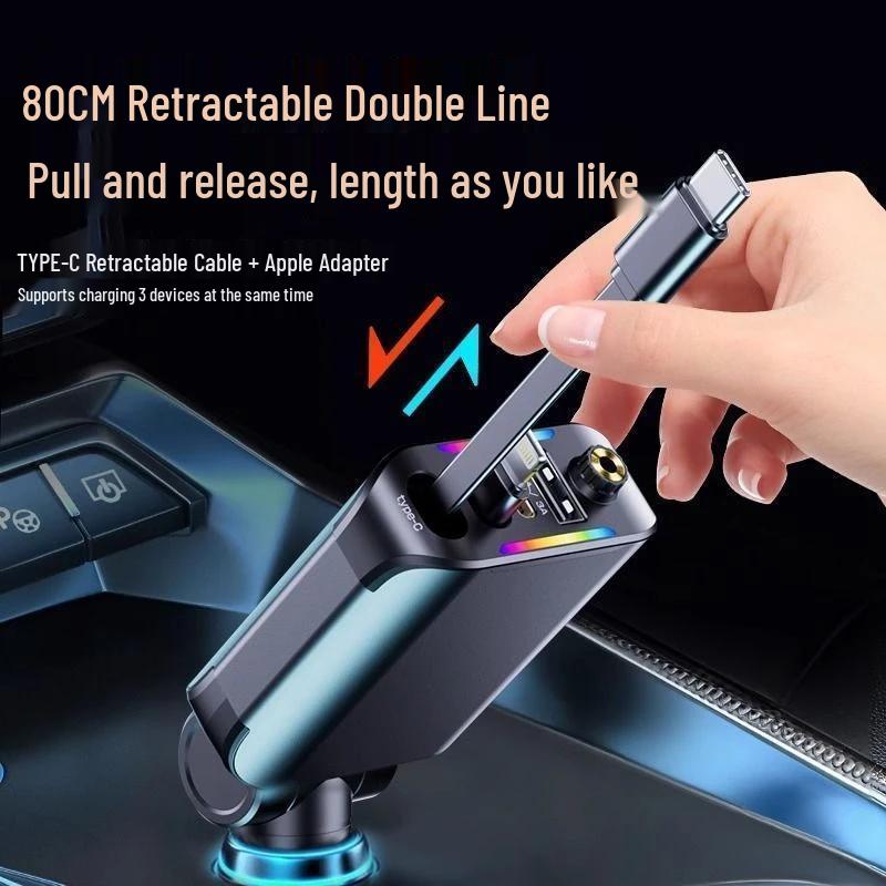 

Starry Sky Car Ceiling Charger: 120W Ambient Light, 1-to-4 Fast Charging, Retractable Cable, Cigarette Lighter Adapter.