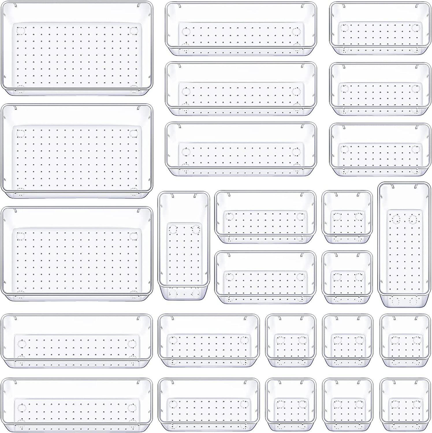 

Набор из 25 прозрачных пластиковых органайзеров для ящиков, 4 размера, разделители для ящиков стола и контейнеры для хранения косметики, ювелирных изделий, гаджетов для кухни, спальни 25PCS прозрачный