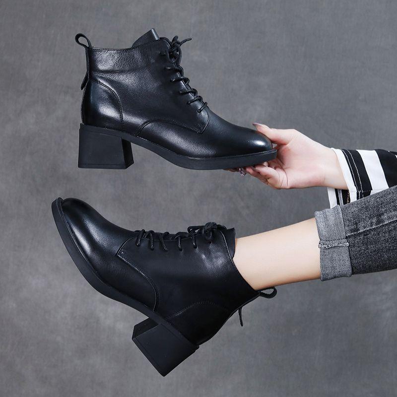 Stivali corti con tacco spesso, scarpe da donna in cotone, stivali Martin con lacci versatili con tacco medio, scarpe da donna alte retrò