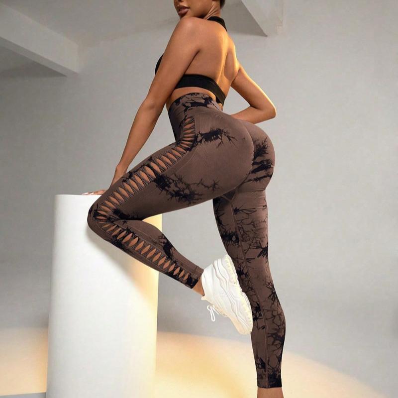 Hollow Out Breathable Tight Fitting Sports Yoga Leggings Pants Women High Waist Hip Lifting Fitness Legging Pants Ladies Tie Dye Slim Yoga Pants 25606