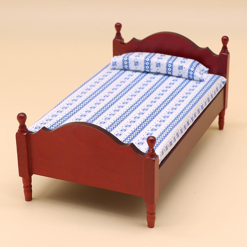 Cattreasure 1:12 Dollhouse Wood Miniature Furniture Model Bedroom Scene Mini Single Bed Wooden Doll House Accessories