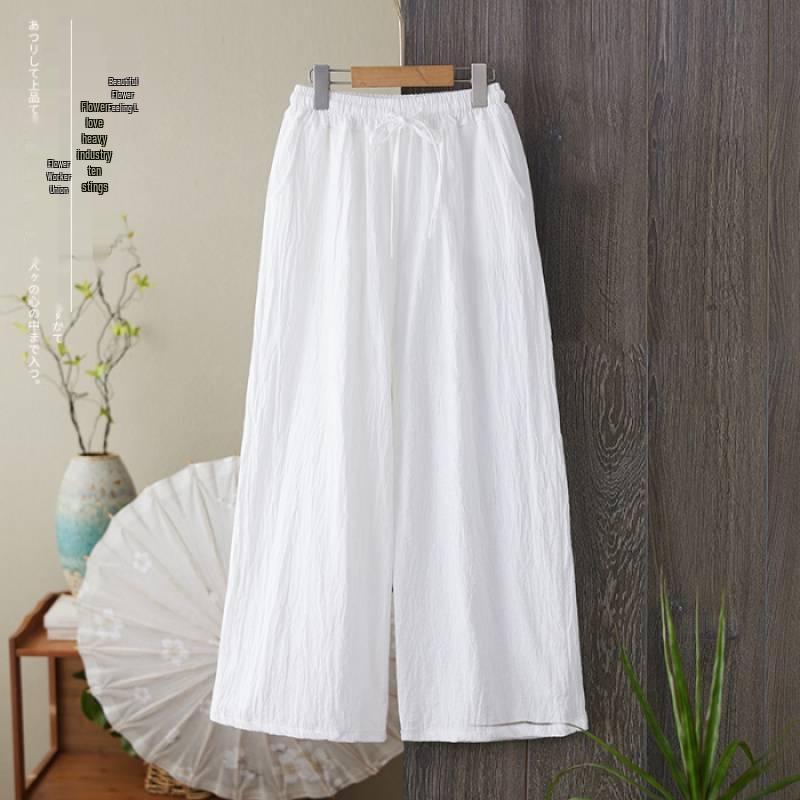 

Women s High-Waisted Cotton & Linen Wide-Leg Pants - Spring/Autumn, Plus Size, Nine-Point, Drawstring, Japanese Style, Casual. L білий