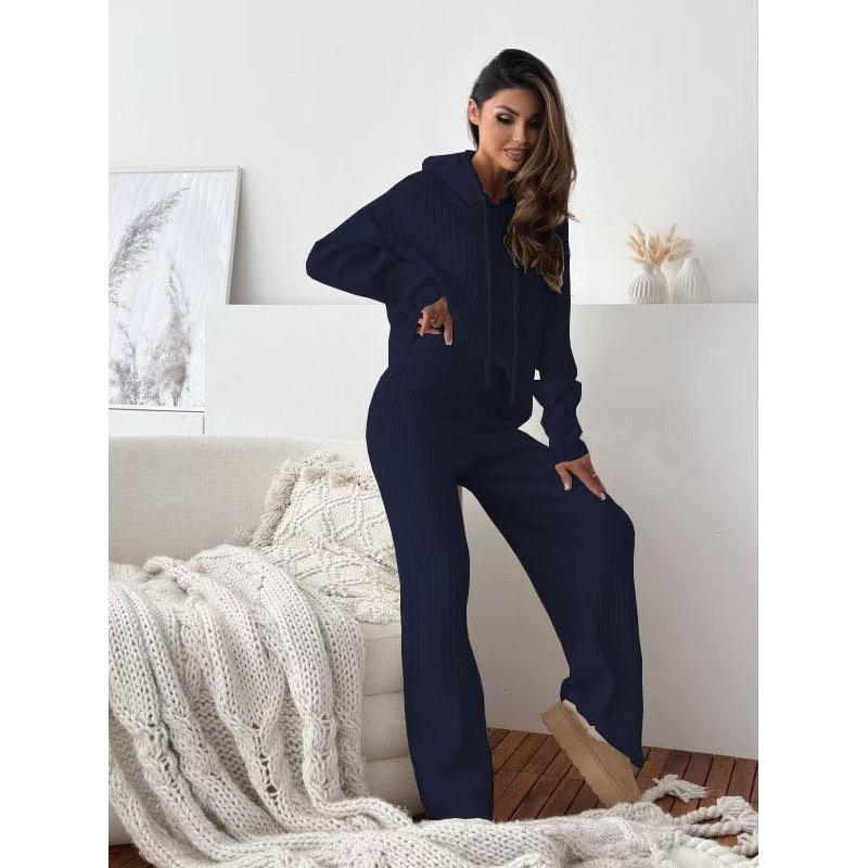 

Осенне-зимний женский повседневный спортивный однотонный трикотажный свободный костюм с капюшоном XL темно-синий