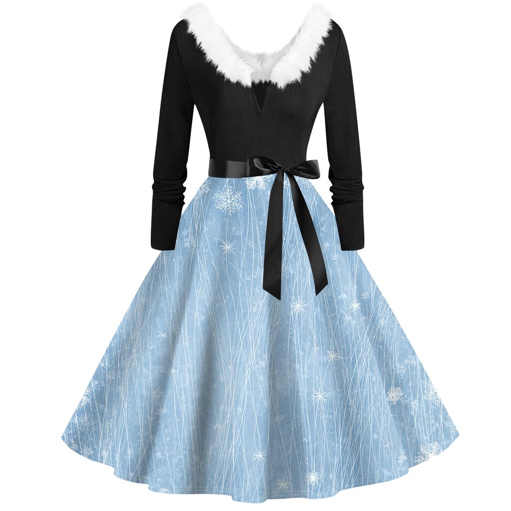 Women's Fashion V-Neck Casual Slim Christmas Printed Long Sleeve Hair Collar Dresses