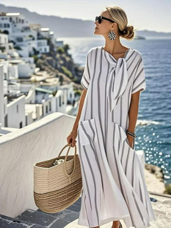 2025 Temperament Short Sleeve Bow Pocket Maxi Dress