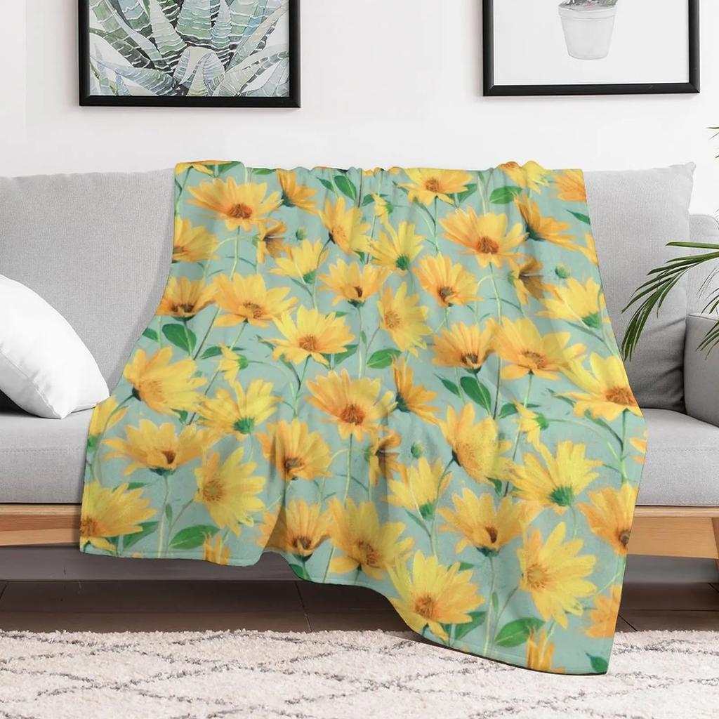 Painted Golden Yellow Daisies on soft sage green Throw Blanket Color Fast Cozy Throw Blanket