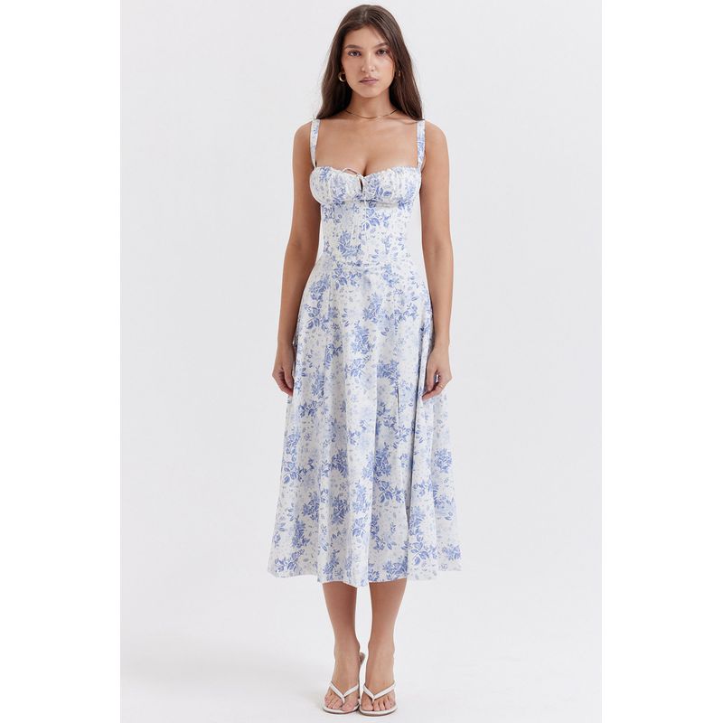 

2026 Amazon Hot-Selling Summer Elegant and Fashionable High-End Style Gentle Wind Dress with Straps for Women, French Style Blue Flowers on White Background XL