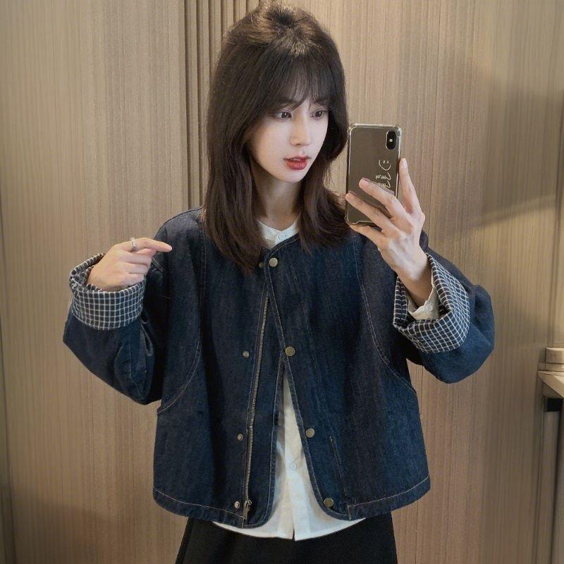 2025 Autumn Plaid Round Neck Korean Retro Denim Jacket