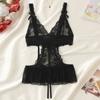 Sexy Crotchless Lingerie Women Lace Hollow Floral Bodysuit Exotic Pajamas Teddy Babydoll Dress Deep V Open Bra Underwear Set