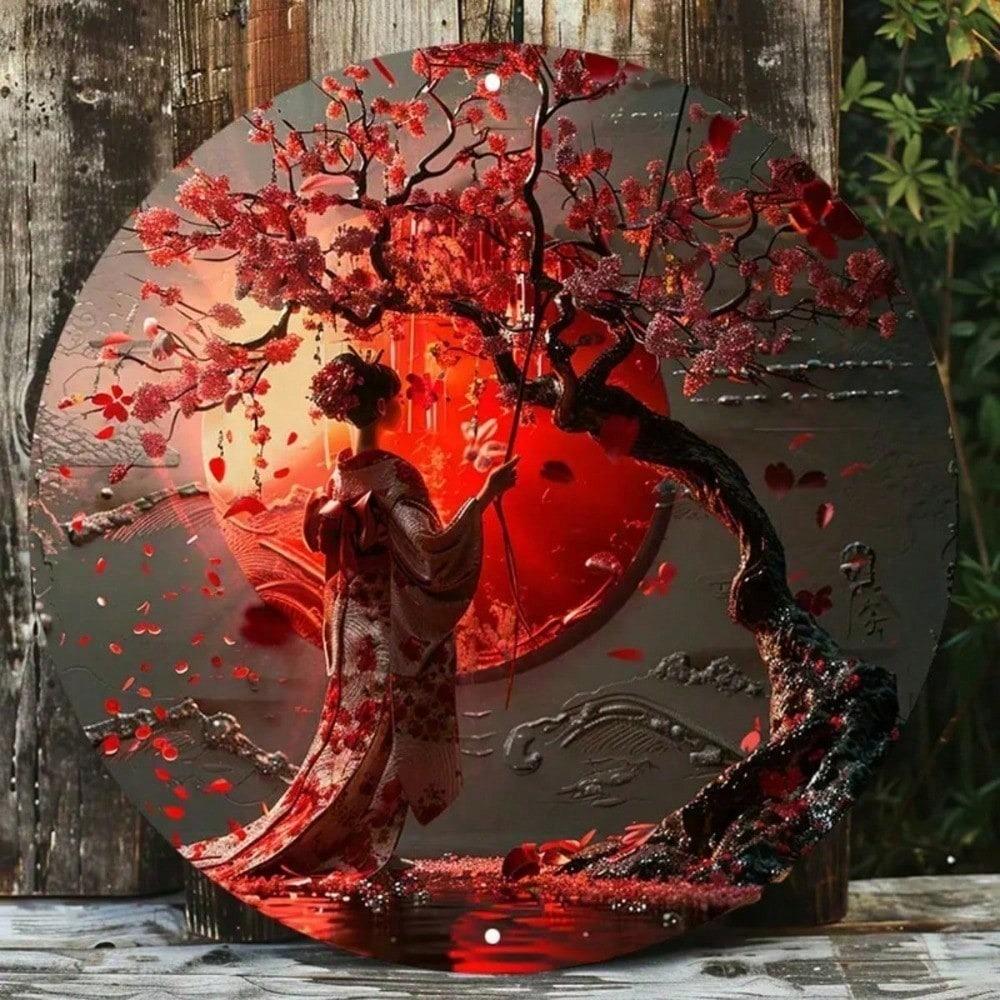 8x8 Inch Round Metal Wall Art Japanese Woman Kimono Cherry Blossom Vintage Home Decor UV Resistant Scratch Proof Hanging Sign