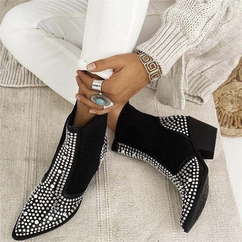 Square Heels Classic Fashion Rivets Elastic Ankle Boots Shoes Women Chelsea Boots