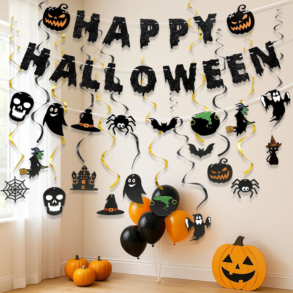 Halloween Pumpkin Paper Banner Backdrop Happy Halloween Party Decorations 2025 Haunted House Ghost Trick or Treat Spiral Pendant
