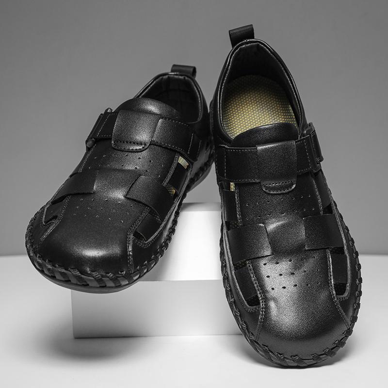 Fashion Hand-stitching Summer Sandals Genuine Leather Mens Casual Shoes Outdoor Non-slip Sandals  Hollow Male Beach Footwear Roman Shoes
