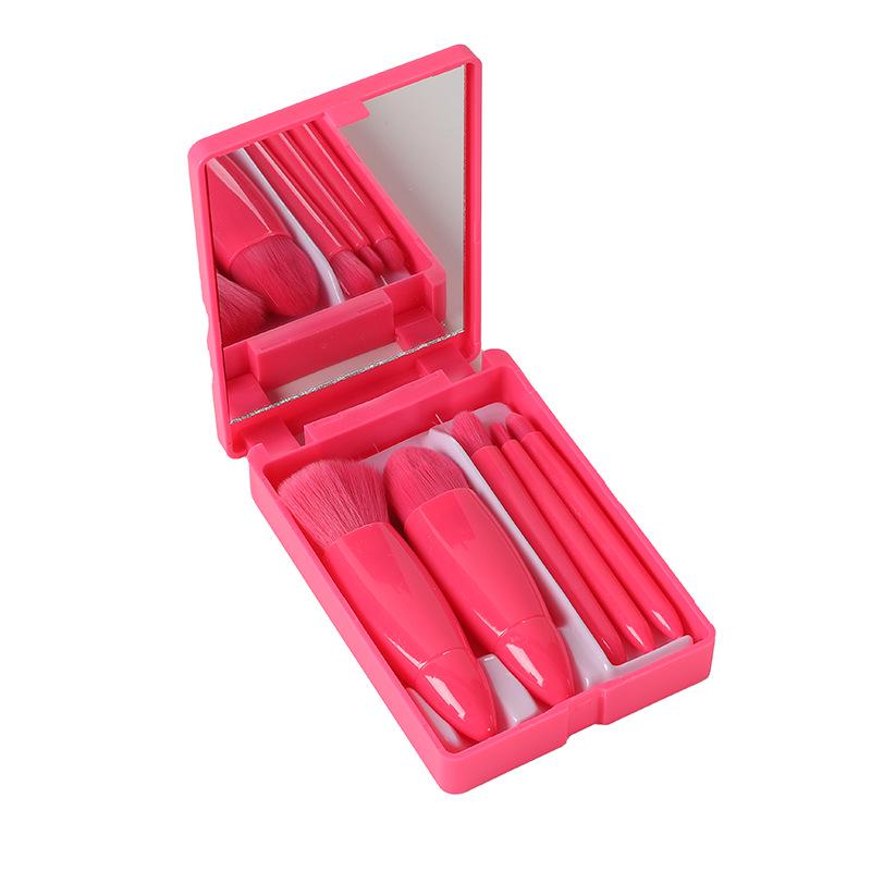 Compact 5-Piece Travel Brush Set with Mirror: Powder, Foundation, Eyeshadow Brushes & Makeup Tools