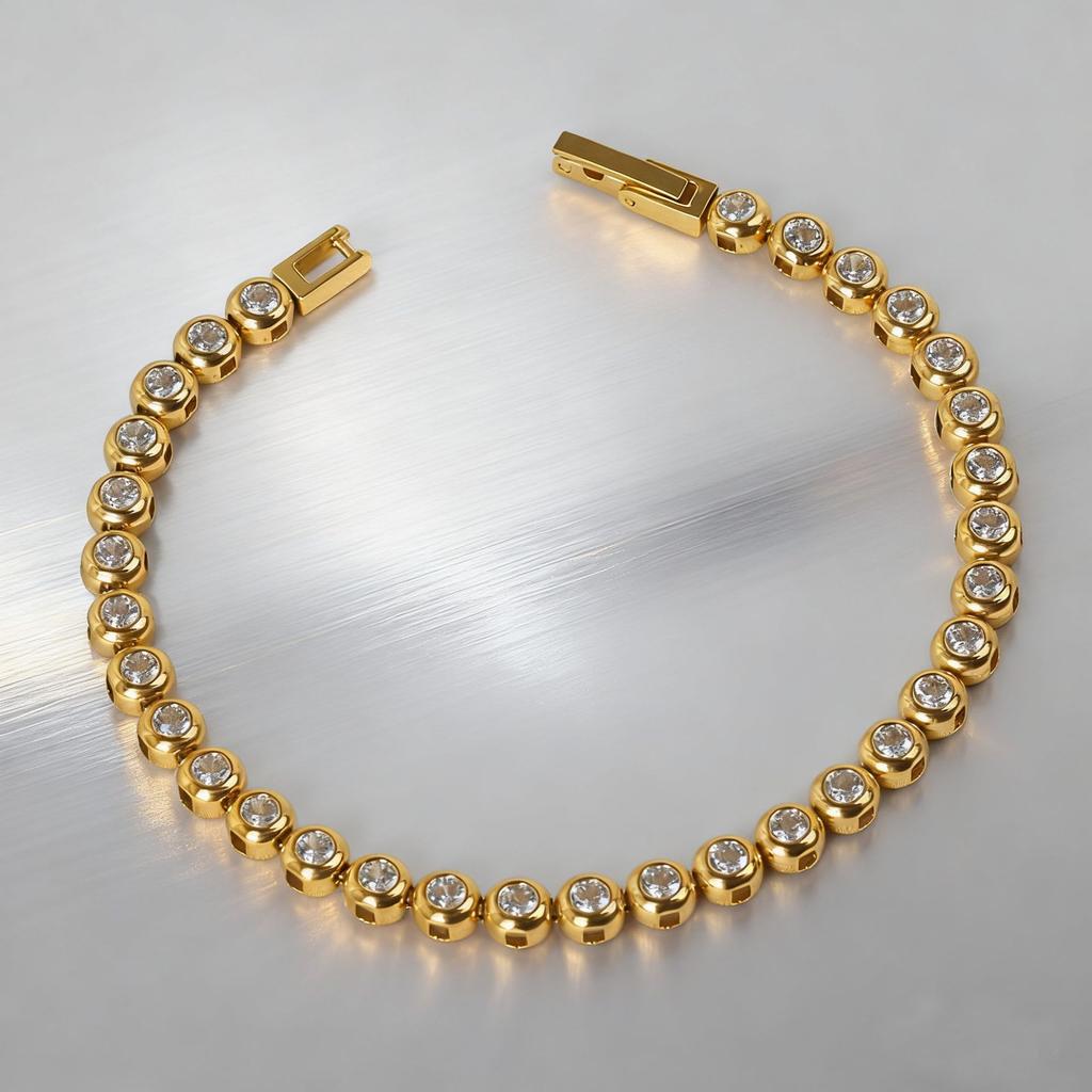 Women Dainty Trendy CZ Jewelry Gift 5mm Multi Color 5A ZIRCON Bezel 14K Gold Plated Stainless Steel Waterproof Tennis Bracelet
