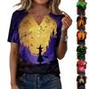 Women's Casual Halloween Print V Neck Button Front Three Quarter Sleeve T Shirt Top for Everyday Wear and Seasonal Occasions