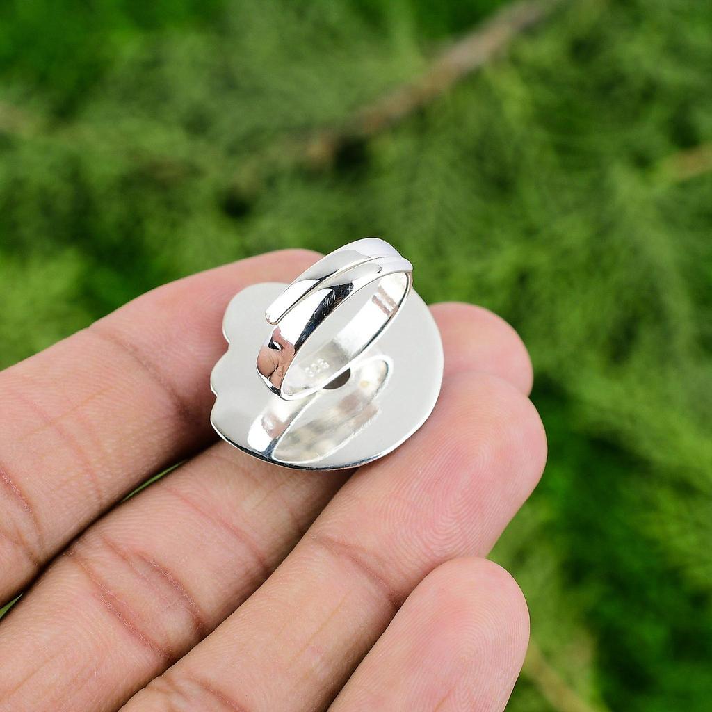 Natural Rainbow Moonstone Promise Flower White Adjustable Ring 925 Silver