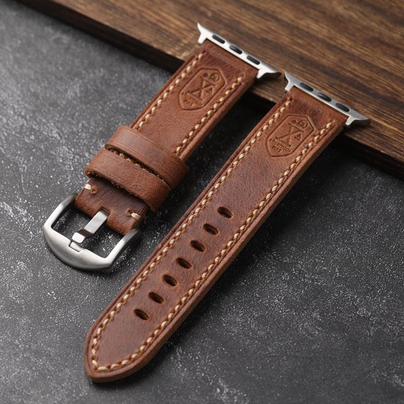 

For Apple Watch Leather Watchband Brushed Style Vintage Applicable Iwatch8se7 45MM 41MM Thickened Cowhide Leather Bracelet 42mm