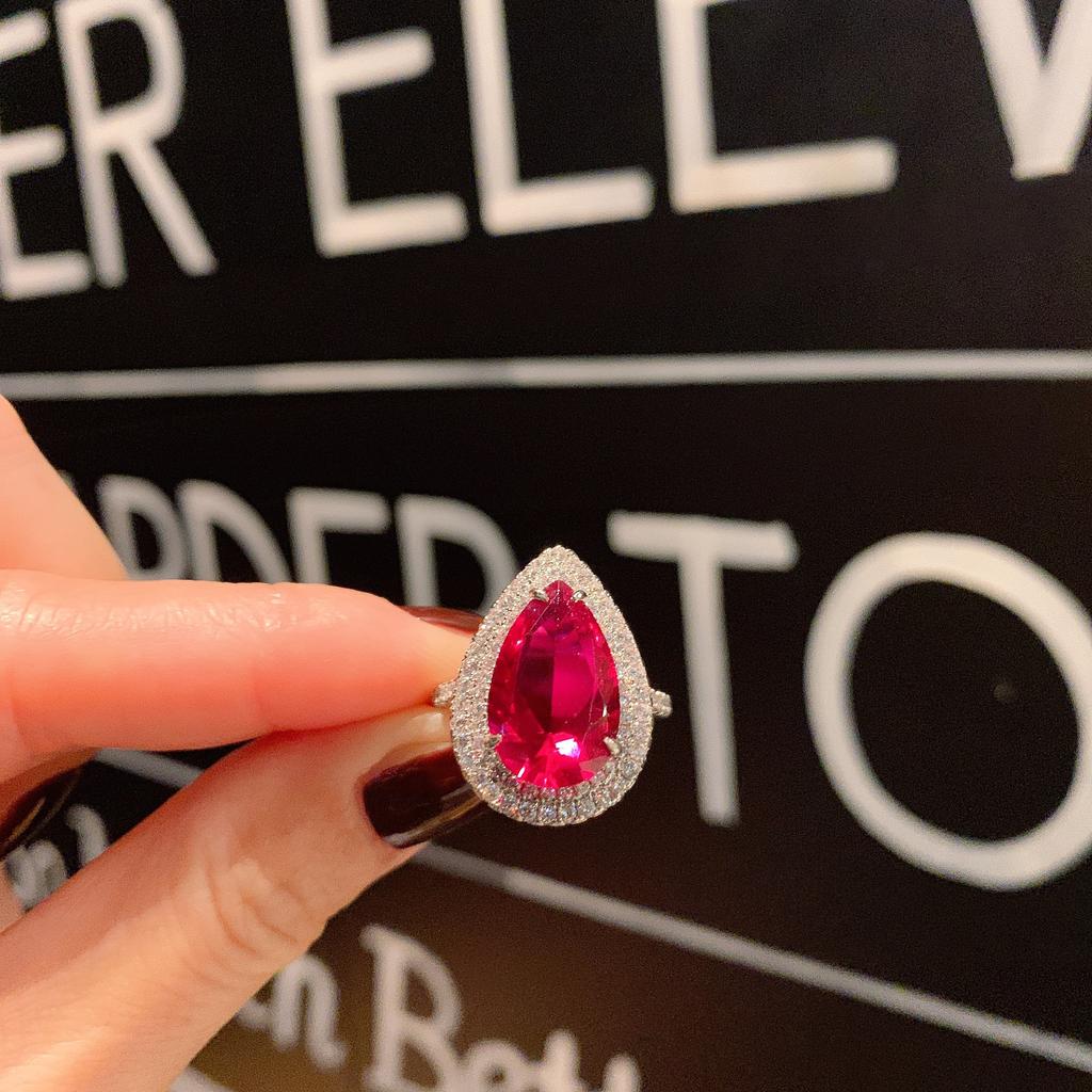 Jewelry Ring Female Simulation Red Corundum Shining Full Diamond Pendant Ring Set