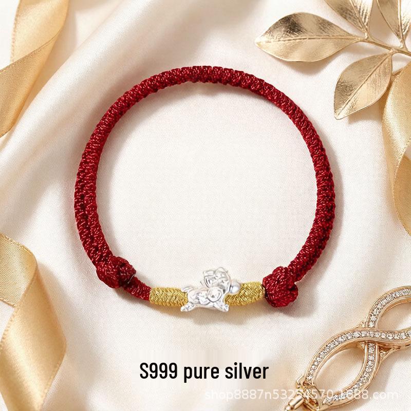 Sterling Silver Year of the Horse Zodiac Bracelet - Red String for Wealth & Traffic Safety, S999 Hot Seller Gift кларет