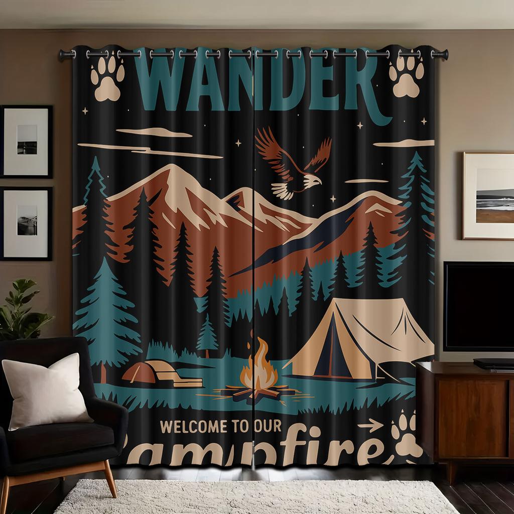 2pcs Camping Printed Perforated Blackout Curtains   Multiple Sizes For Living Room   Bedroom   Home Decoration   Easy To Install