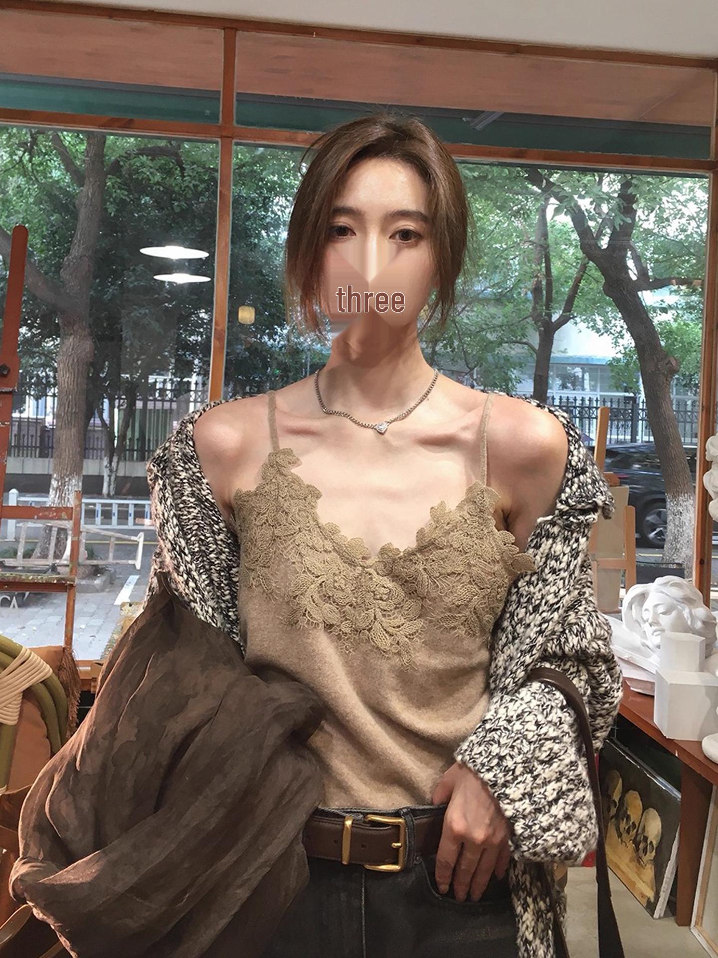 Women s Slimming 3D Lace Knit Camisole Vest - Sleeveless Casual Base Layer for Autumn/Winter Medium хаки