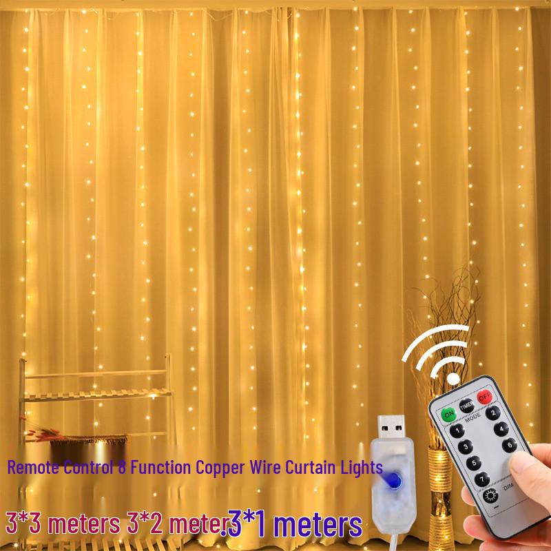 Colorful LED Curtain String Lights with Hooks, 3x3m USB and Remote Control for Christmas Decorations.