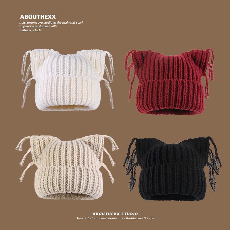 Korean style Cat ear Tassel Hats Women's Autumn and Winter Woolen Hats Outdoor Warm Cold Hats Versatile and Cute Knitted Hats for Students
