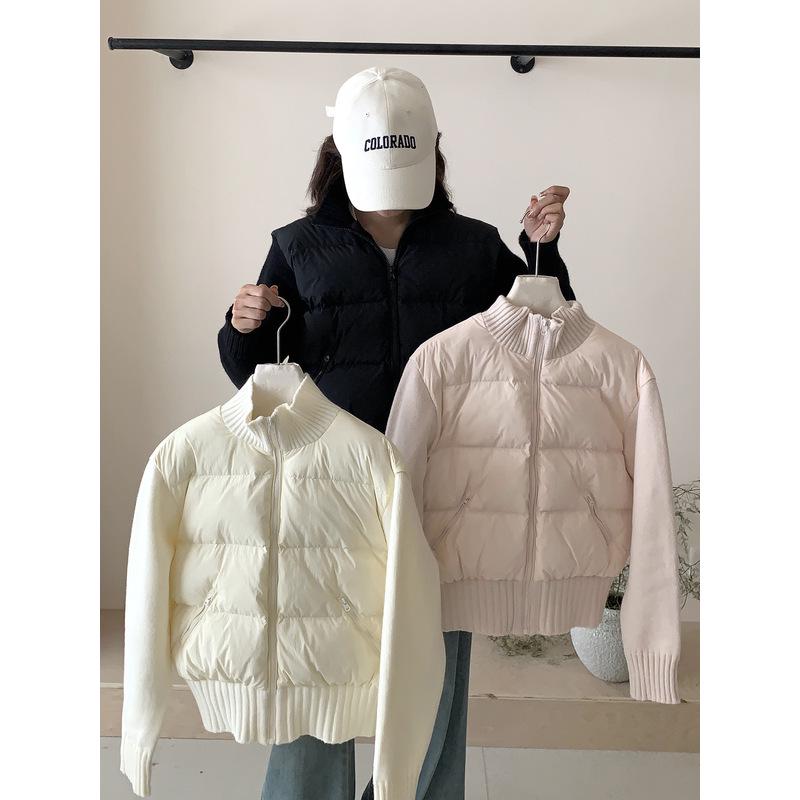 Korean Style Women's Knitted Patchwork Down Vest - Petite Short 90% White Duck Down Outerwear for 2025 Autumn/Winter