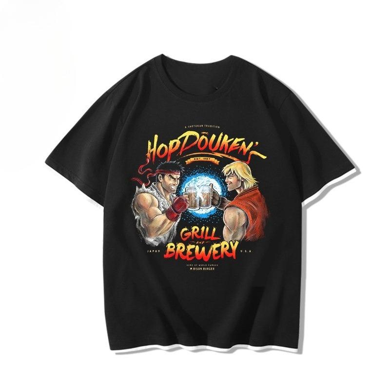 Men Ryu Ramen Noodle Print T Shirt Street Fighter Retro Japanese Anime Fighting Game Cotton Short Sleeve Casual Streetwear Tops