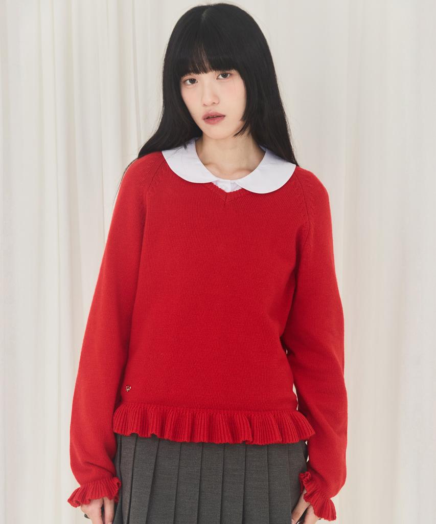 Alkialka V-Neck Frill Knit (Red)