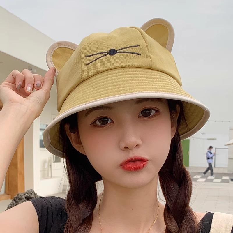

Летняя шляпа женская мультяшная кошка панама студенческая вышивка шляпа-ведро милая большой обхват головы защита от солнца Average size