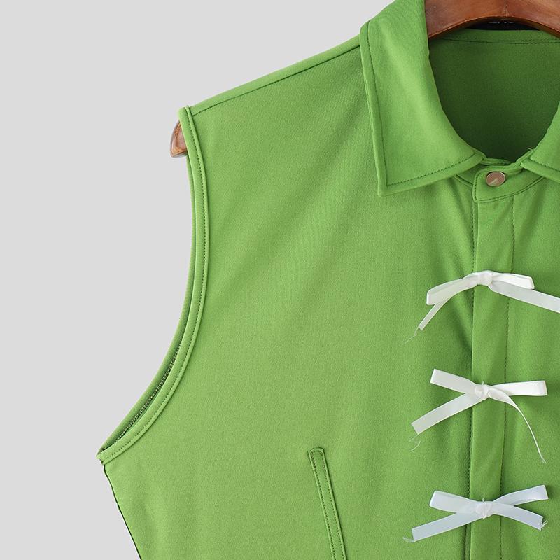 INCERUN Men Lapel Neck Sleeveless Button Up Bow Casual Loose Tank Tops