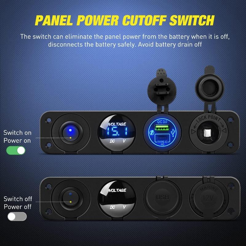 1PC Yacht Bus RV 4-in-1 Combination Panel with Cigarette Lighter Digital Voltmeter Intelligent Fast Charge QC3.0 + PD
