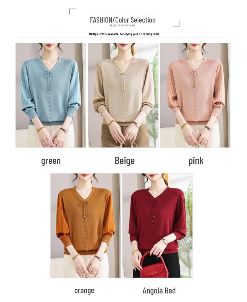 Fashion Casual V-Neck Lace-Up Knitwear Pullover for Women: Long-Sleeved Mother's Day Top