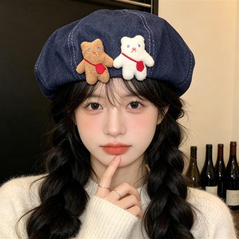 Cowboy Internet celebrity Versatile Bear Fashion Hat Showcase Flat Top Painter Hat Little Cute Face Ladies Two Berets