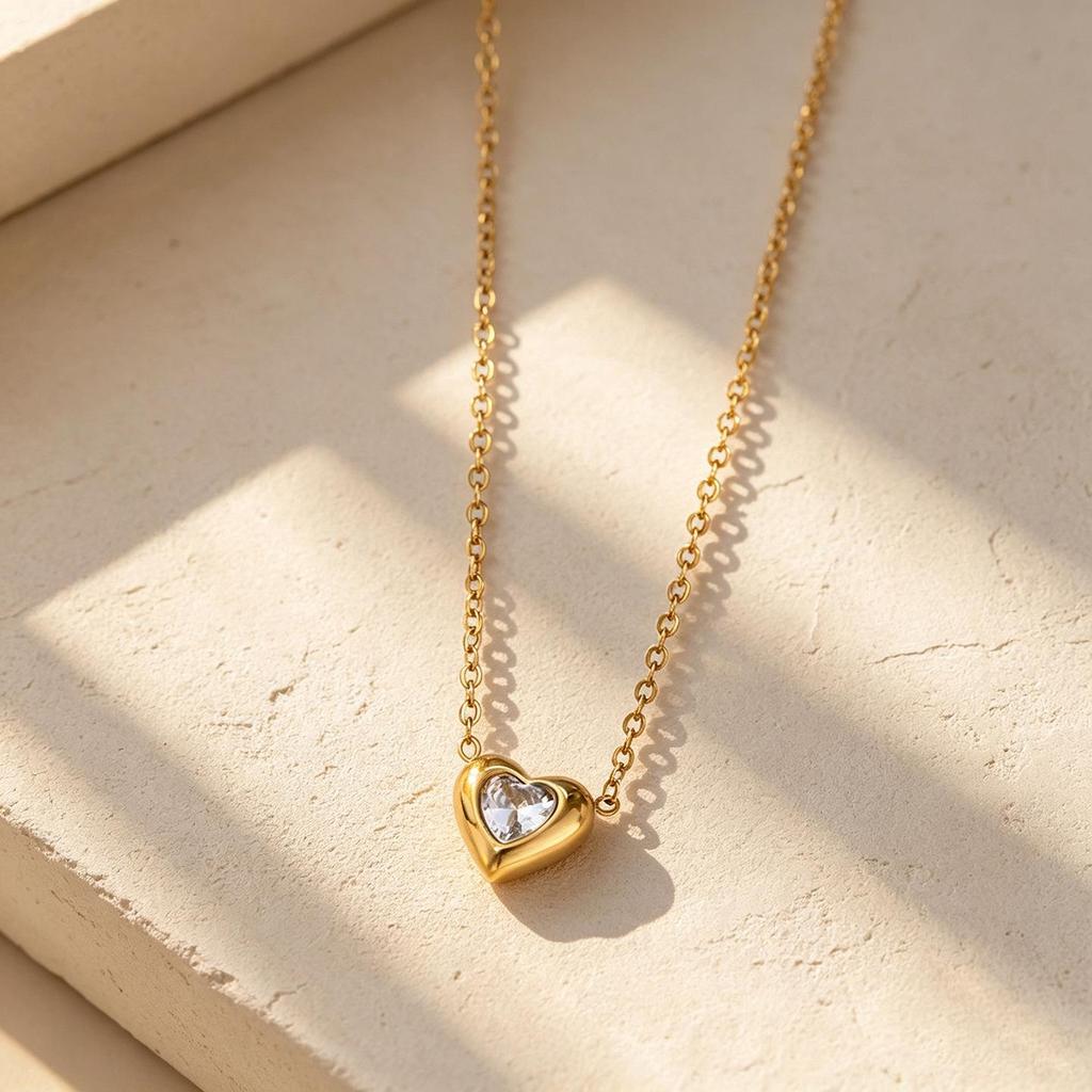 18K Gold-Plated Colorful Zirconia Heart Necklace - Titanium Steel Clavicle Chain