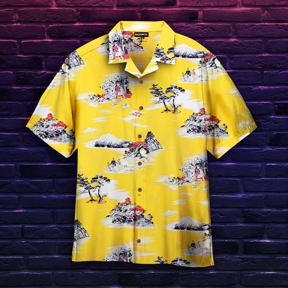 New Men's Hawaii Yellow Shirts Creative Chinese Landscape Painting Short Sleeve Aloha Shirts Cuban Style Summer