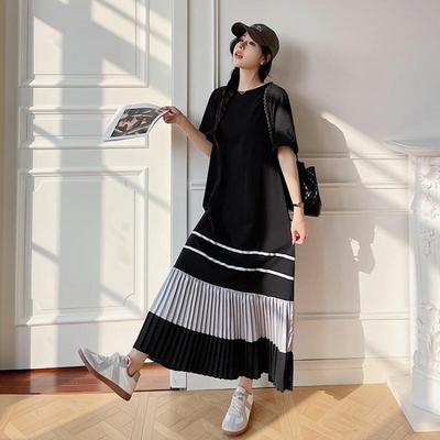 Summer 2025 Women's Plus Size Color Block Pleated Skirt Dress - Short Sleeve Trendy Design