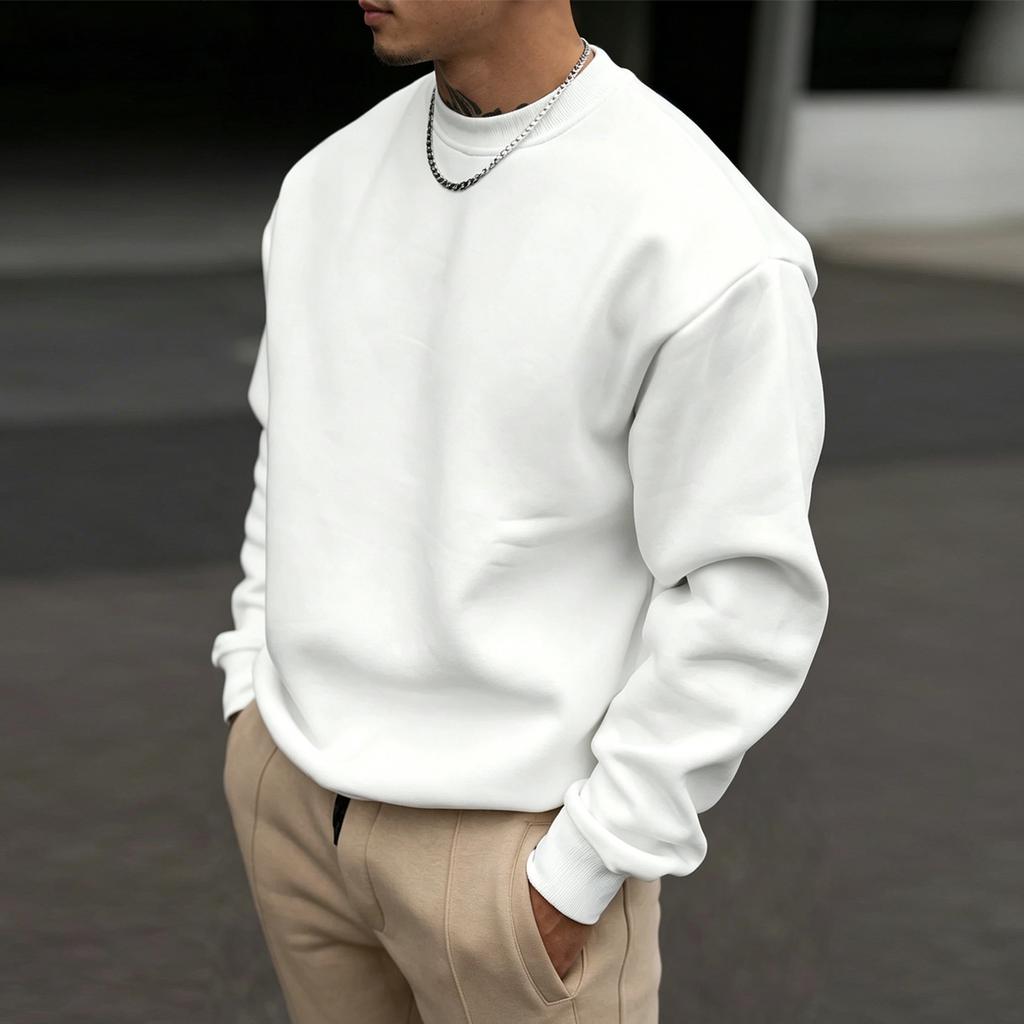 Men's Solid-Color Round-Neck Fleece Pullover A Thick, Soft, and Relaxed-Fit Long-Sleeve Top for Everyday Casual Wear in Fall and Winter