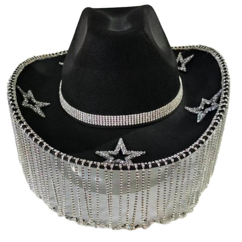 Fringed Rhinestones Cowboy Hat for Adult Women Bridal Shower Cowgirl Hat Masquerades Party Costume Hat Elegant Headpiece