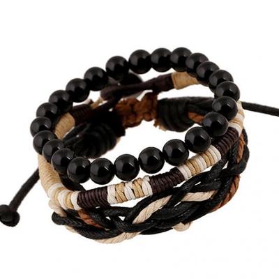 Herren 3 Stück Punk Stil Holzperlen Gestricktes Leder Armreif Wachsseil Manschettenarmbänder AVE