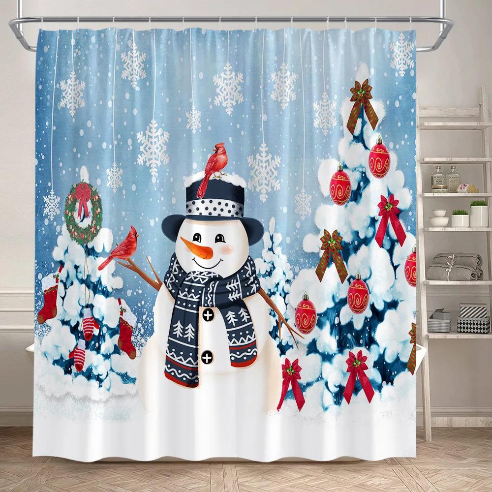 Red Christmas Shower Curtain Set Funny Santa Claus Gift Green Pine Branches Xmas Balls Home Bathroom Decor Bath Mat Toilet Cover