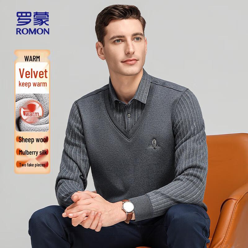 

ROMON Men s Fleece-Lined Shirt Collar Knit Sweater 180